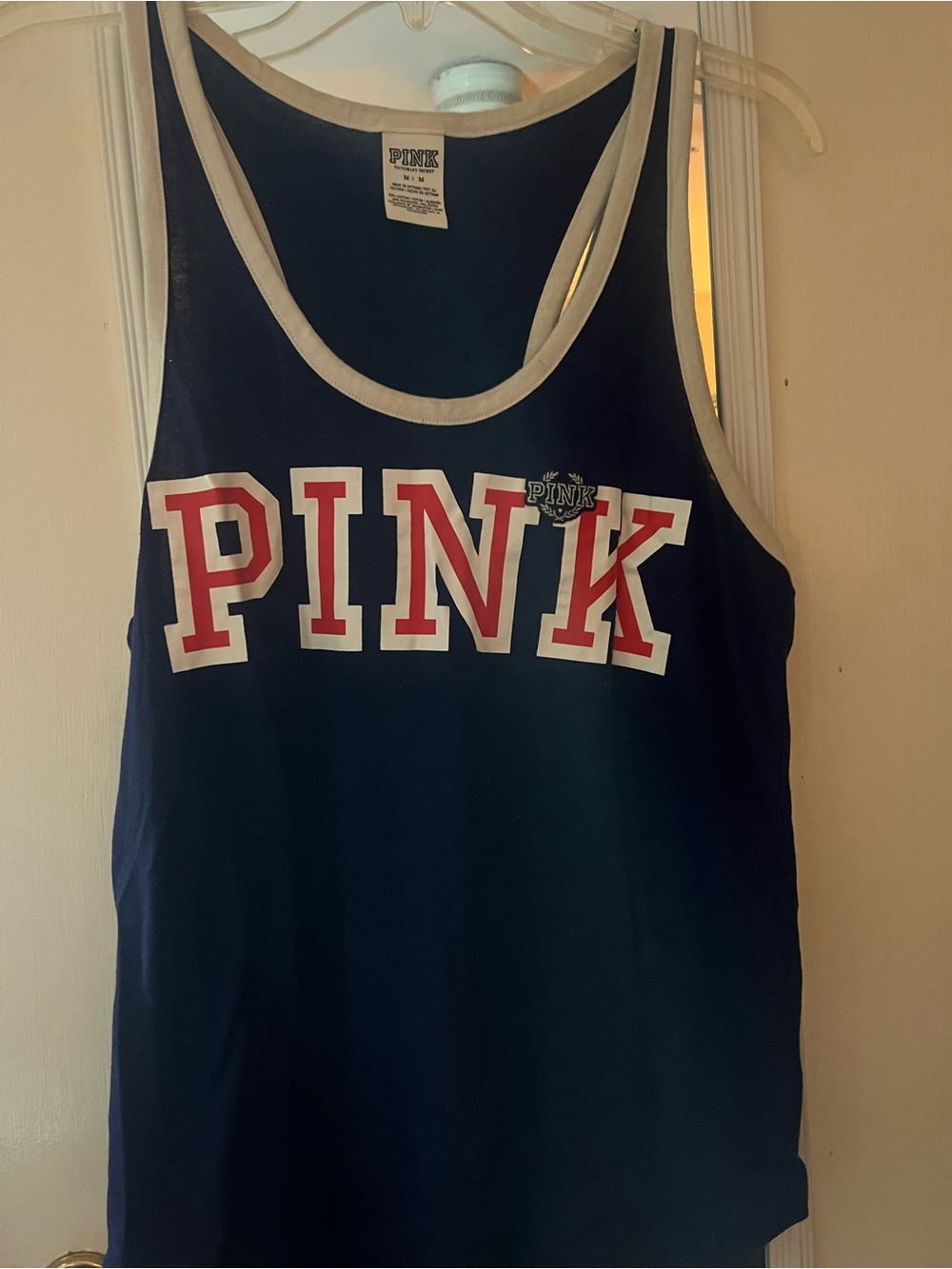 PINK Victoria's Secret Navy Tank Top with White Trim and Red Lettering